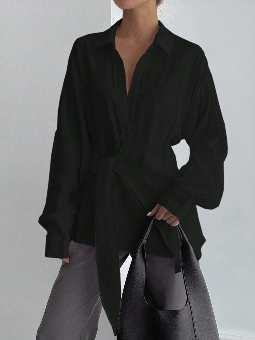 Black Elegant Women's Half-Placket Side Tie Pullover Casual Shirt - Picture 1 of 5